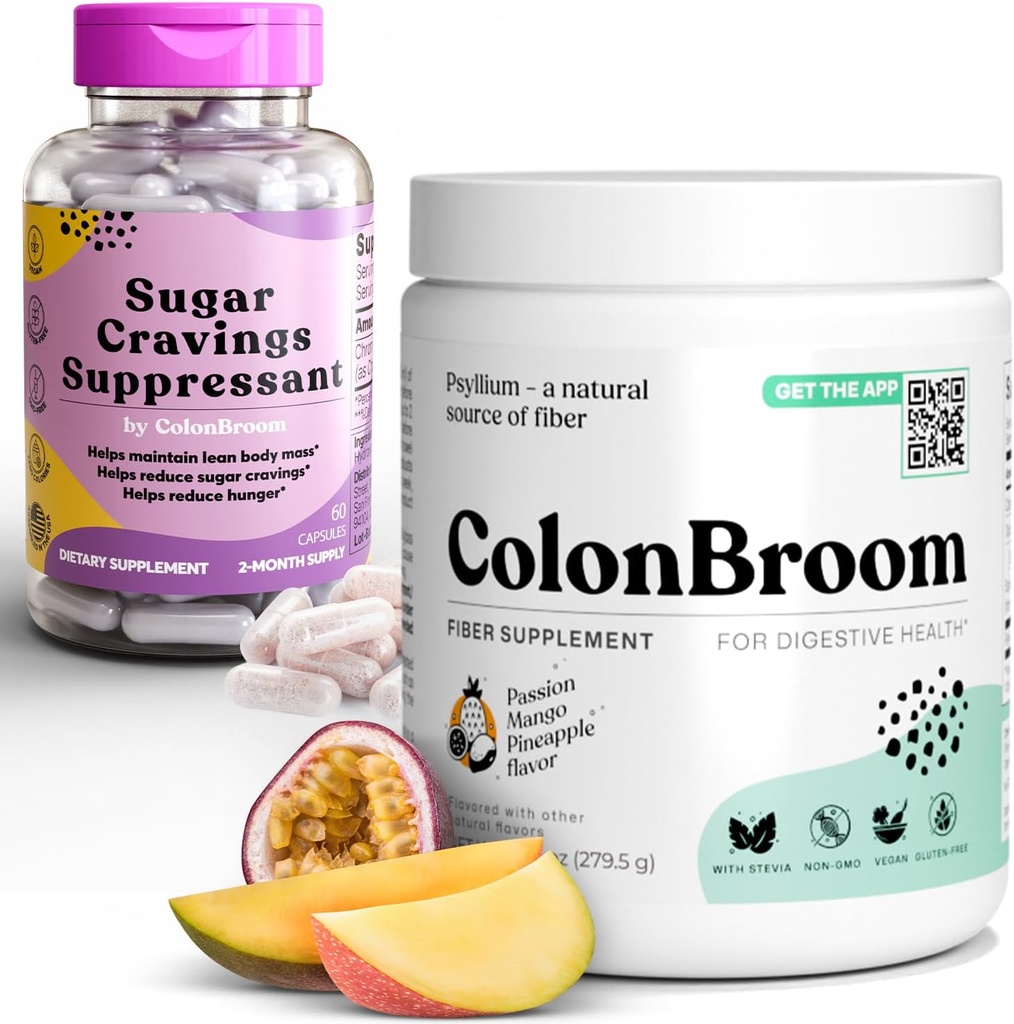 ColonBroom Psyllium Husk Powder Sugar Craving Supresan - Chromium Picolinate 200mcg, 2 Items - Colon Cleanser Fiber Suplement (50 Pelayan) + Sugar Craving Suppresan (60 Pelayan)