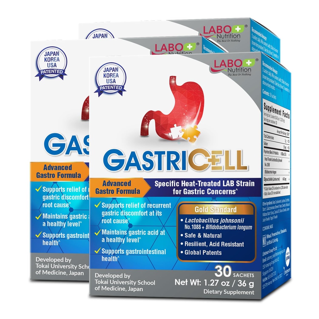 LABO Nutrection GASTRICELL - Acid Reflux, Heartburn, Recurring Gastric Disorder Natural Against Gastric Distress 30 sachets x3