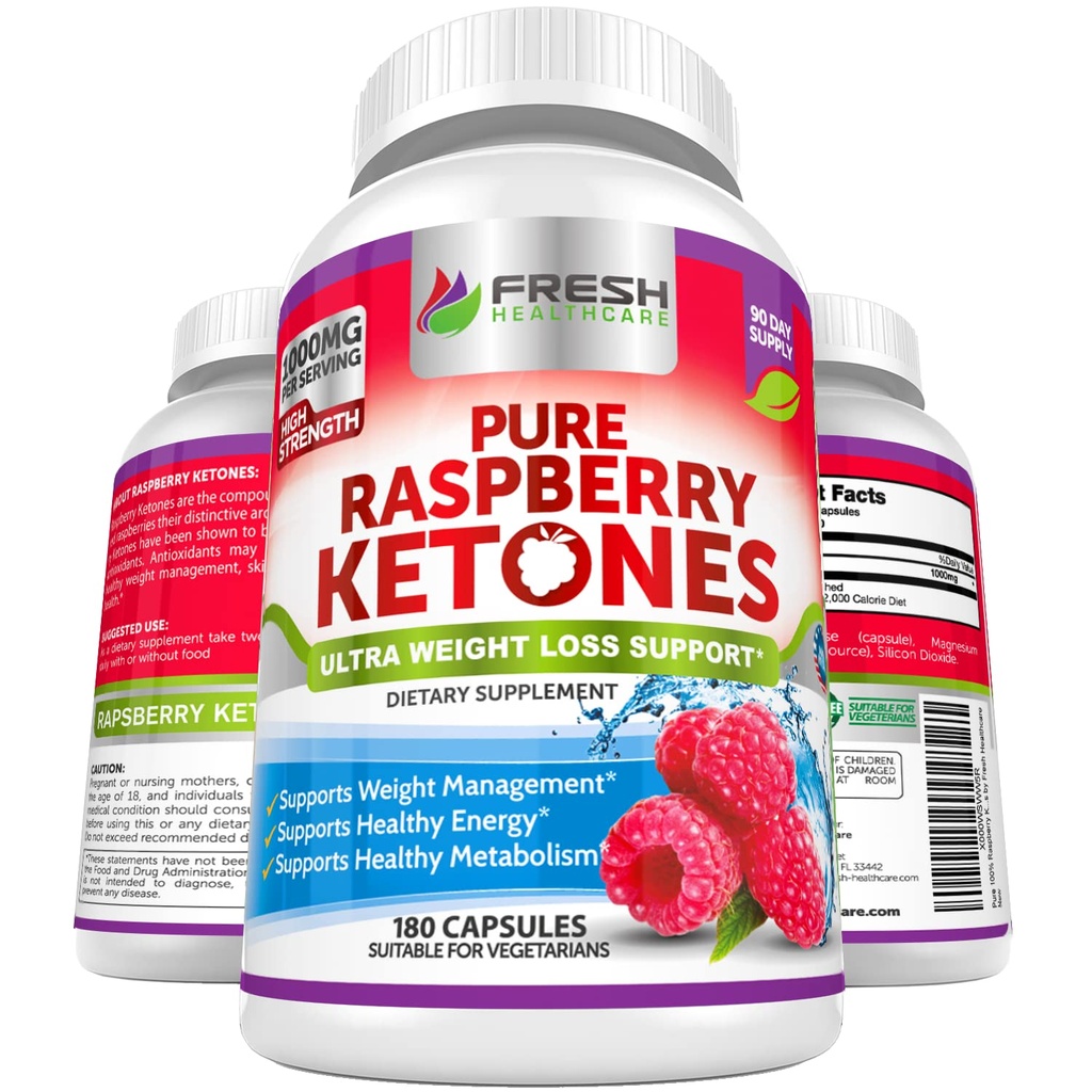 FRESH HEALTHCARE Pure 100% Raspberry Ketones Max 100mg Per Serving - 3 Bulan Pasokan Non GMO - Advanced Wliss Dukungan - 180 Capsules
