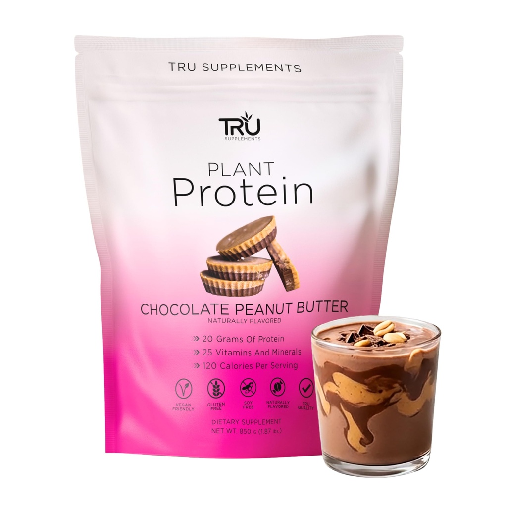 Tanaman Suplemen TRU Berdasarkan Powder Protein, BCAA, EAA, 20g Vegan Brown Rice & Pea Protein, 100 Kalori, 27 Vitamin, Tidak ada Flavors Artificial 25 Servings (Chocolate Peanut Butter)