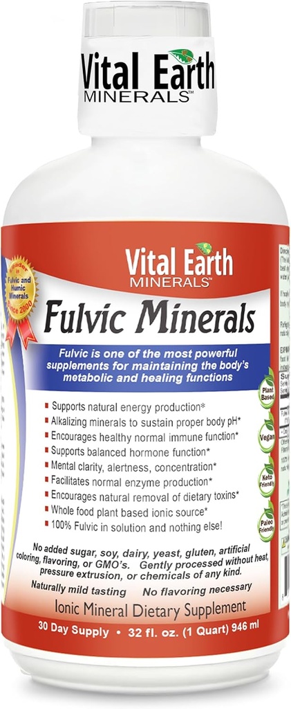 Vital Earth Mineral Fulvic Mineral Liquid - Fulvic Acid Suplement with 70 + Trace Minetrace, Electrolytes for Energy & Vitalitas, 32 Oz + 1 Oz Cup
