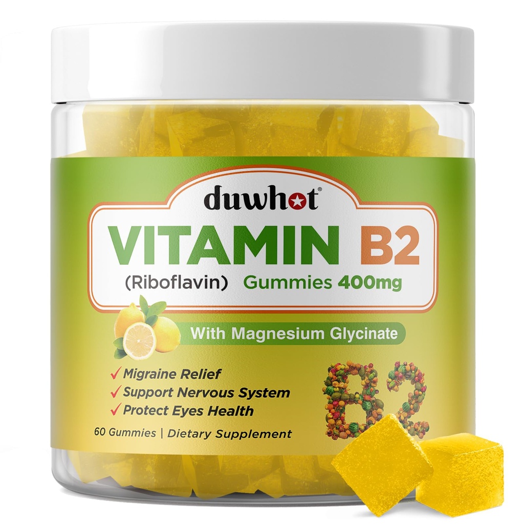 Vitamin B2 Gummies dengan Magnesium- Riboflavin 400mg untuk Migraine Relief & Headache, B2 Vitamin Gummies untuk Dewasa & Anak-anak, Vegan, 60 Chewable