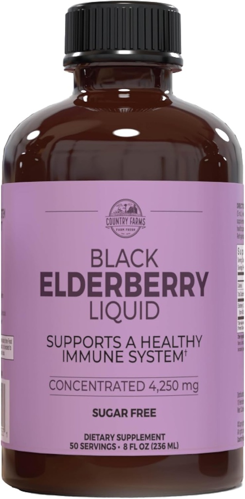 Country Farms Elderberry Liquid, Supports A Healthy Ammune System, Rich in Antioksidants, Sugar Free, Berry Flavor, 8 Fl Oz