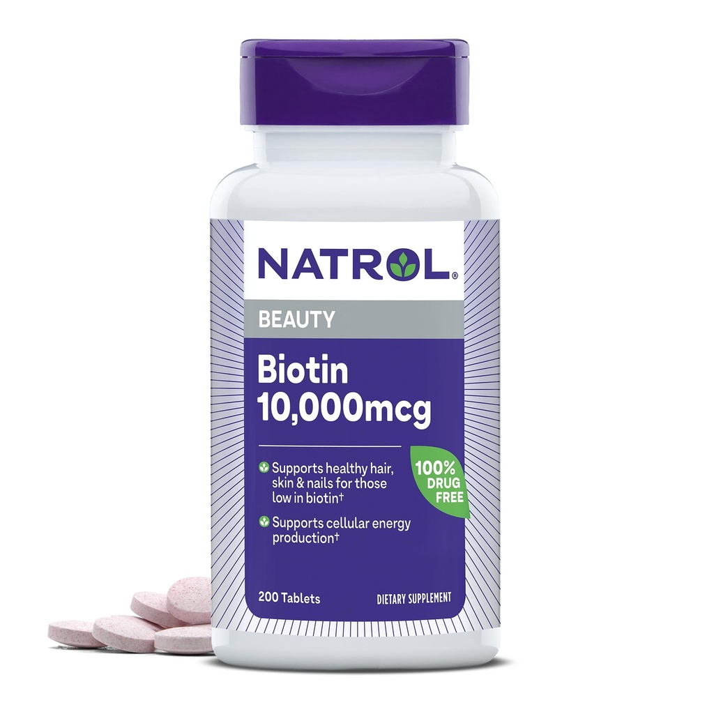 Natrol Biotin 1000mcg, Tambahan untuk Rambut Sehat, Skin dan Nails untuk Mereka Low in Biotin, Ditambah Dukungan Metabolisme Energi, 200 Tablet, Sampai dengan 200 Hari Suppply
