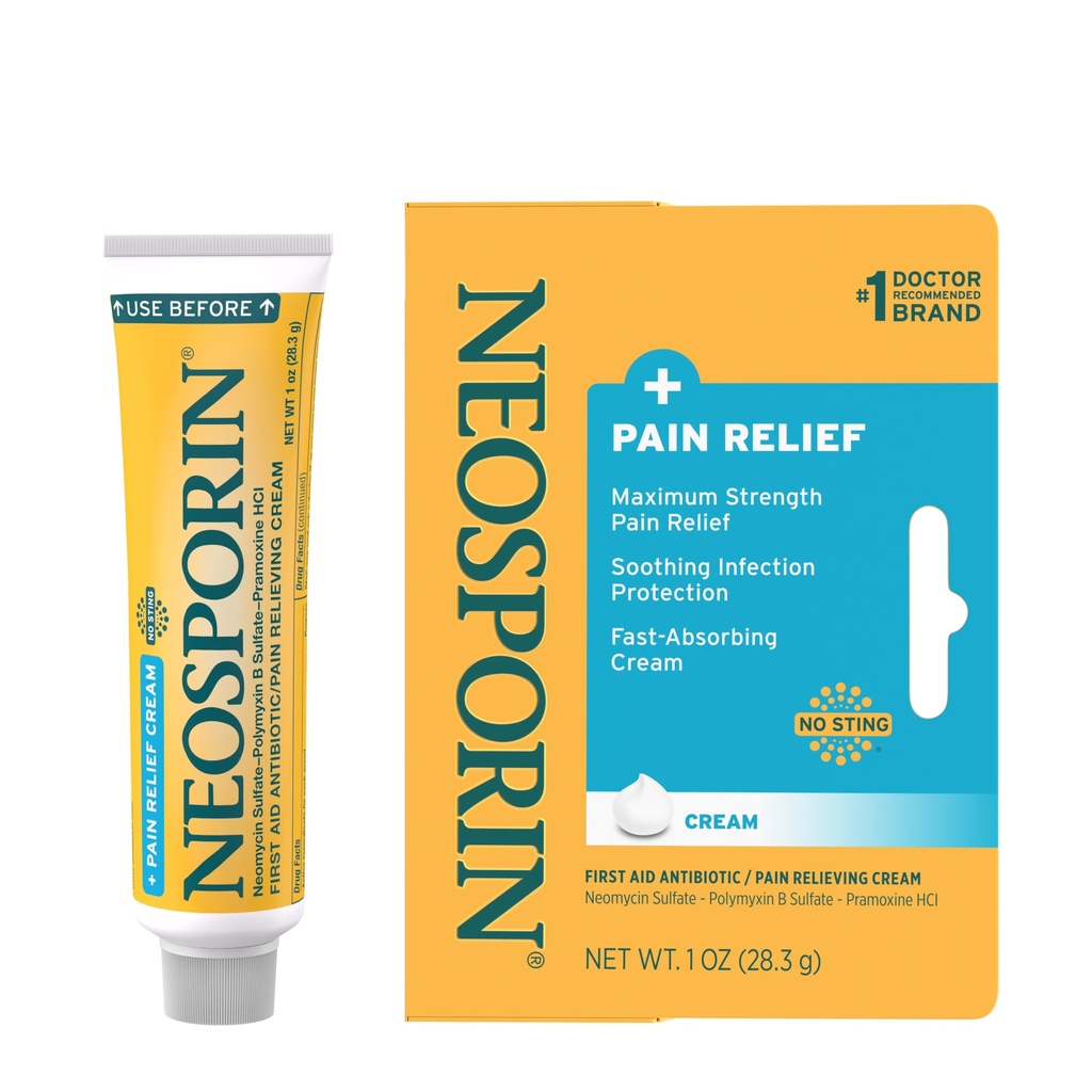 Neosporin + Maximum-Power Pain Relief Dual Action Cream, Aid Topical Antibiotic dan Analgesik Care of Minor Cuts, Scrapes and Burns, Polymyxin B & Pramoxine HCI, 1 oz