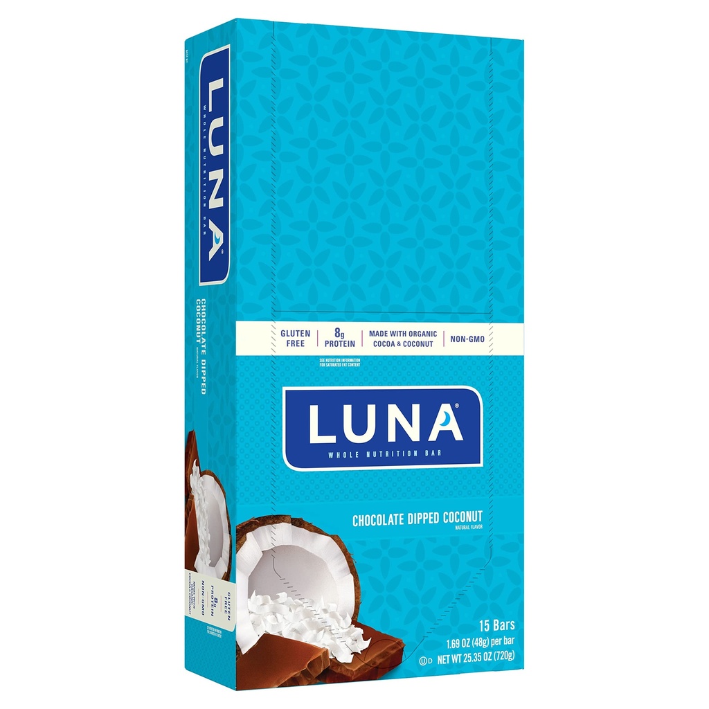 LUNA BAR - Gluten Free Snack Bars - Chocolate Dipped Coconut Flavor -8g protein - Non-GMO - Plant - Based Whicking-On the Go Snacks (1.69 Ounce Snack Bars, 15 Count)