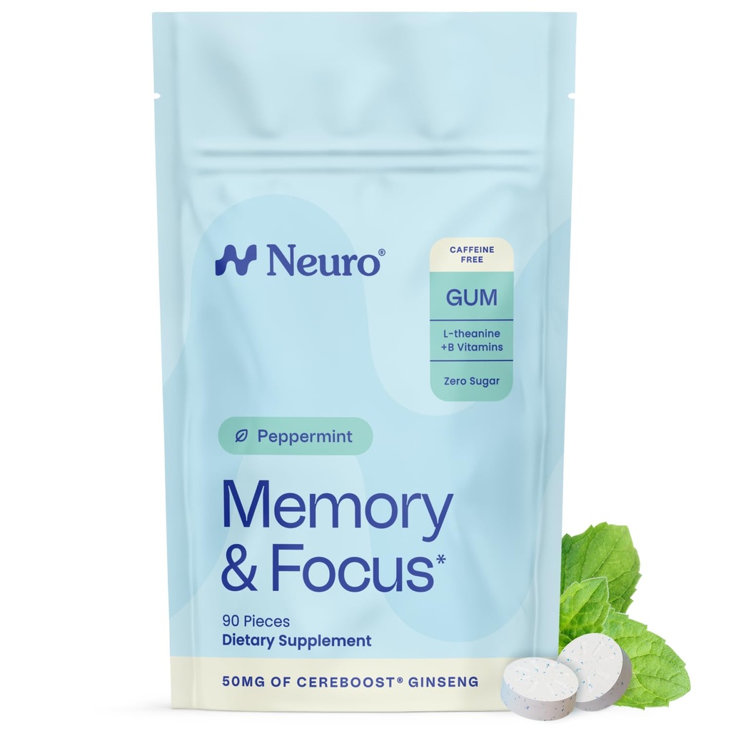 Neuro Memory & Focus Gum - Nootropic Gum dengan Vitamin B12, Vitamin B6, L-Theanine & Ginseng Ekstraksi - Pendukung Otak Alam - Vegan, Caffeine & Sugar - Peppermint, 90 ct