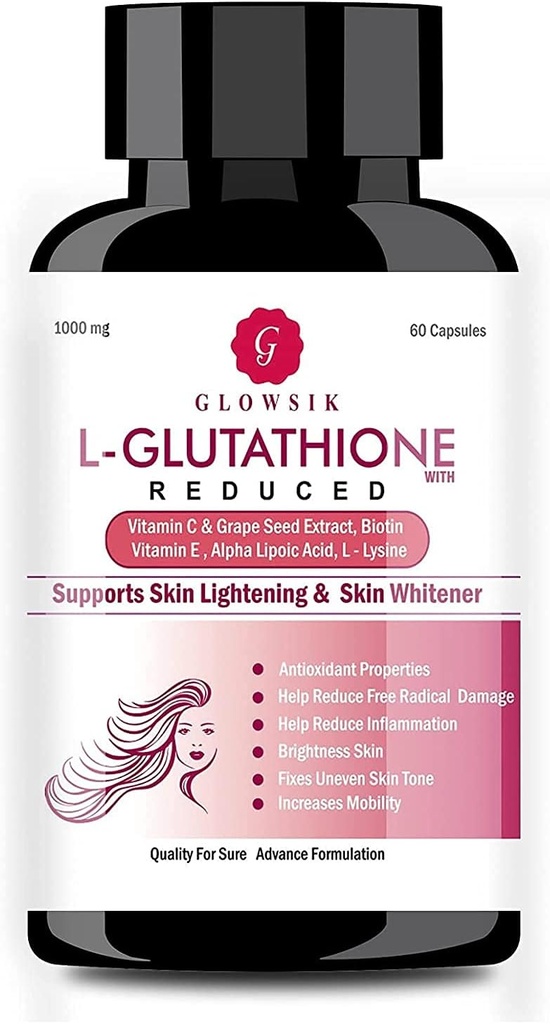 Astha L- Glutathion for Skin with Vitamin C and Grape Seed, 1000 mg - 60 Capsules by GLOWSIK