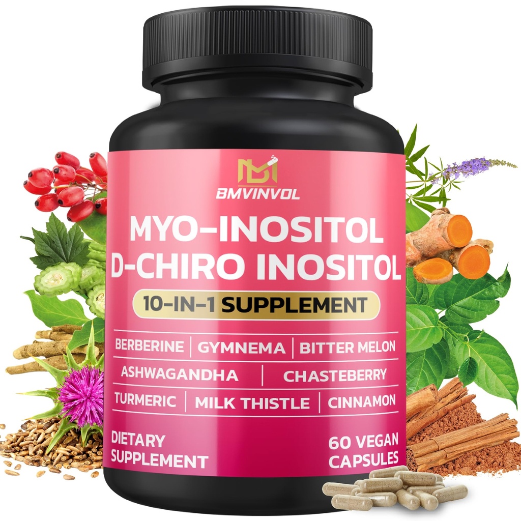 BMVINVOL Inositol Suplemen - Myo- Inositol dan D- Chiro Inositol aku menangani 40: 1 Rasio - ditambah Berberin, Cinnamon, Ashwagandha + 5 Lebih - 60 Kapsul