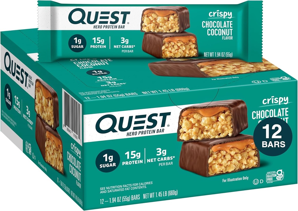 Quest Nutition Crispy Chocolate Coconut Hero Protein Bar, 15g Protein, 1g Sugar, 3g Net Carbs, Gluten Free Protein Snack, Keto Friendly, 12 Count