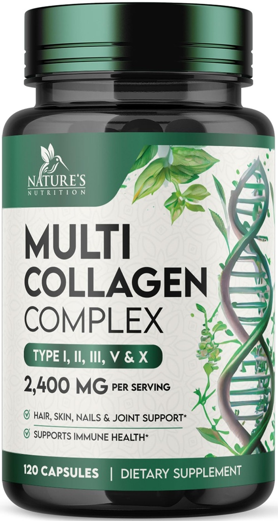 Suplemen Multi Collagen Suplemen 2400 mg - Tipe Hidrolyzed I, II, III, V & X Multi Collagen Pills Complex, Collagen Peptides Suplemen, Rambut, Skin, Nail, & Joint Support Suplemen, NN-GMO - 120 Capsules
