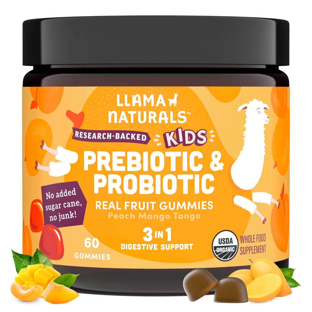Ilama Probiotik Anak-Anak dengan Prebiotik Fiber, Vegan, Preganik Organik dan Gumi Progories untuk Dukungan Kesehatan Gut, Permen Real Fruit Vitamin, Tidak Ditambahkan Gula Cane, Peach Mangga, 60 Ct
