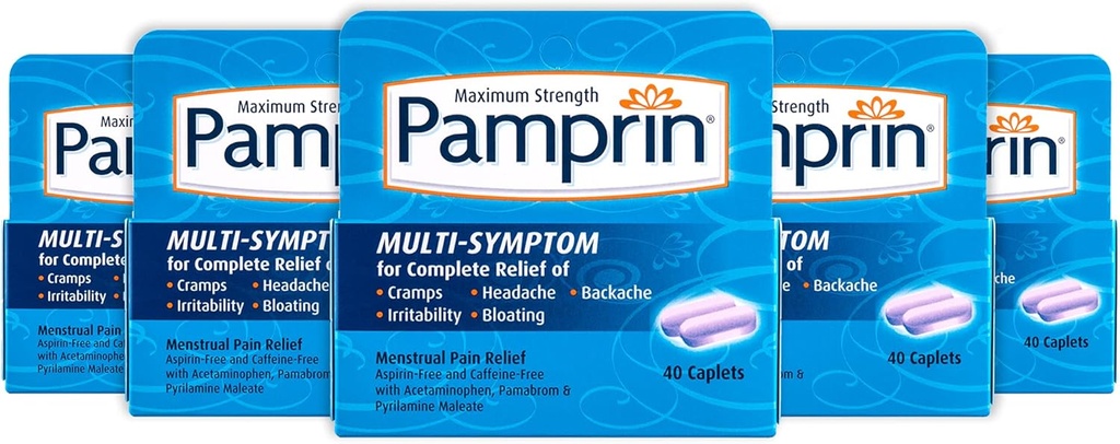 Pamprin Multi- Symptom Formula, dengan Acetaminofhen, Relief Periode Menstrual termasuk Cramps, Pain, Irritability dan Bloating, 40 Caplets (Paket 5)