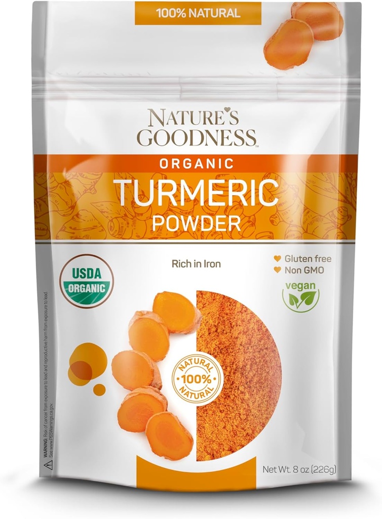 Nature 's Goodness Organic Turmeric Powder 124; Pure Ground Curcuma Root Spice 124; Raw Vegan Turmeric Curcumin Seasoning Rich dalam Vitamin & Natural Antioksidants 14; Non-GMO Gluten- Gratis 8 oz