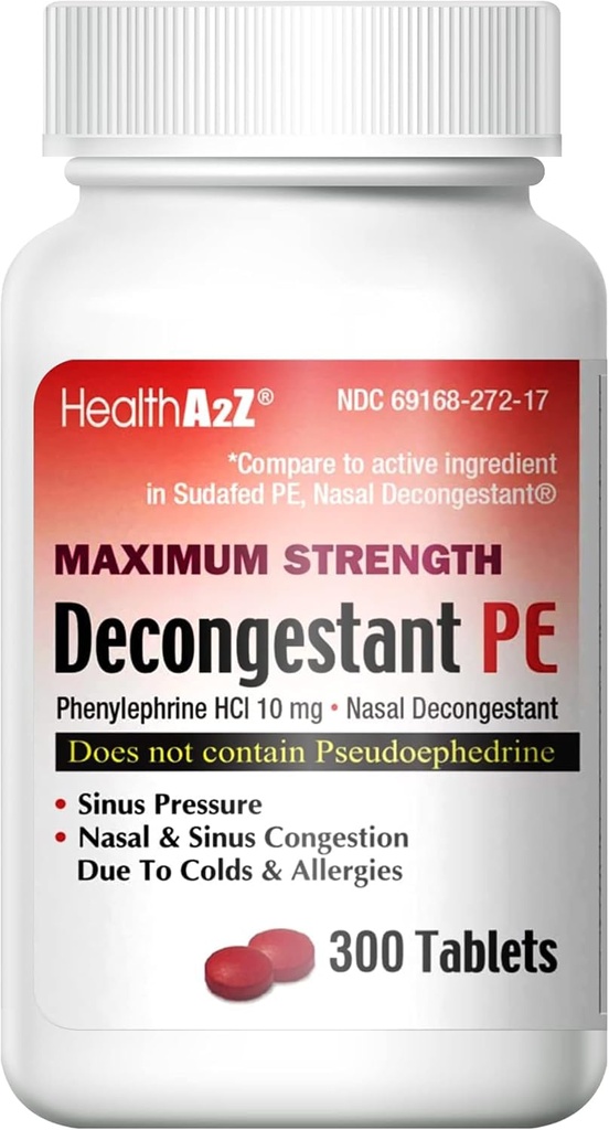 HealtA2Z ® Decongestant PE 124; Phenylephrine HCl 10 mg 124; Maksimum Power 124; Nasal & Sinus Relief Konsultasi Karena Dingin & Allergies (300 Cacah (Paket 1)