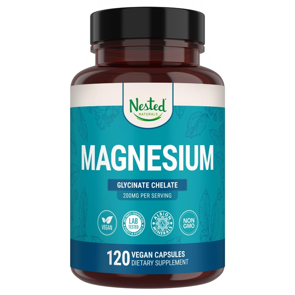 Suplemen Magnesium Glycinate - 200mg Charlated Magnesium Suplement for Muscle Cramps, Relaxation, & Slexation - 100% Albion TRACCS Buffered Magnesium Glycinate - 120 Vegan Capsules