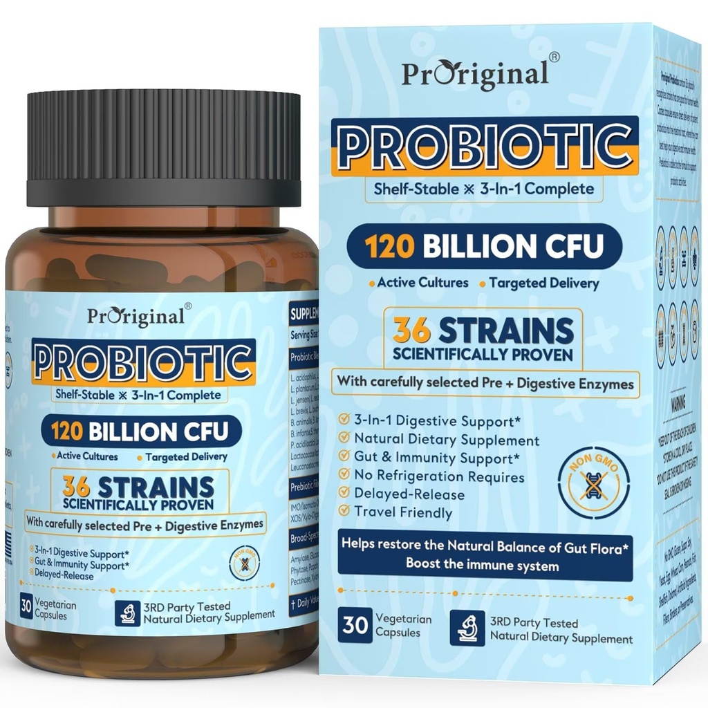 Progres for Women & Men 120 Billion CFU with 36 Probiotic Strains for Digetical Health and Gut Health, Delayed Release Capsules, Stomach Actant, No Need for Reburation 30 Capsules