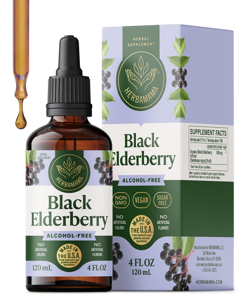 HERBAMA Black Elderberry Drops - Vegan Elderberry Extract for Imune Support - Non-GMO, Alkohol & Sugar- Free Immunity Suplemen, 42- Day Supply