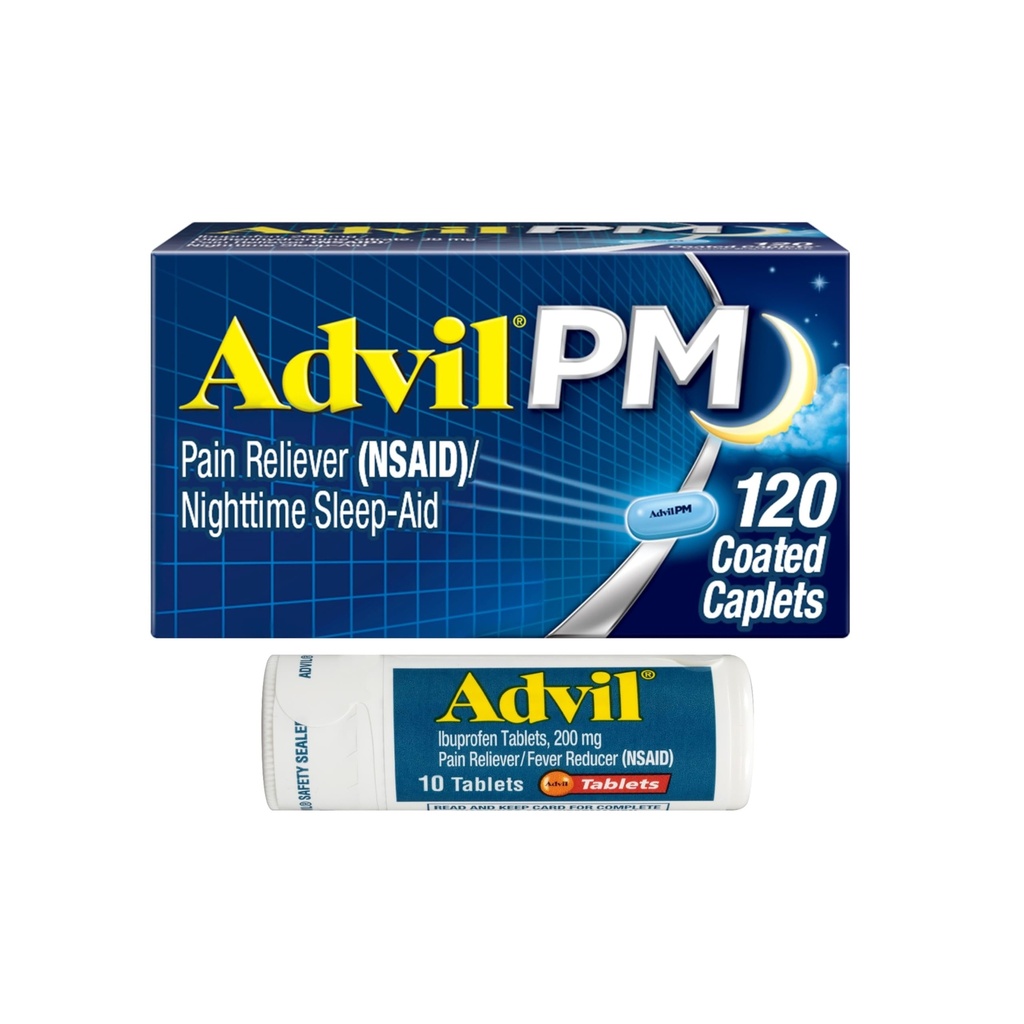 Advil PM Reliever dan Nighttime Sleep Aid, Ibuprofen for Pain Relief dan Diphenhydramine Citrate for a Sleep Aid - 120 Caplets Coated and Pain Reliever and Fever Reducer, 10 Count Tablets