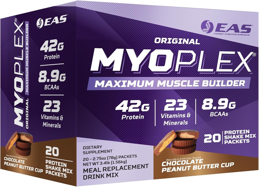EAS, Myoplex Maximum Muscle Builder, Meal Replacement Protein Mix 124; Quality Protein Blast 124; 42g Protein, 20 Individual Packet (Chocolate Peanut Butter Cup)