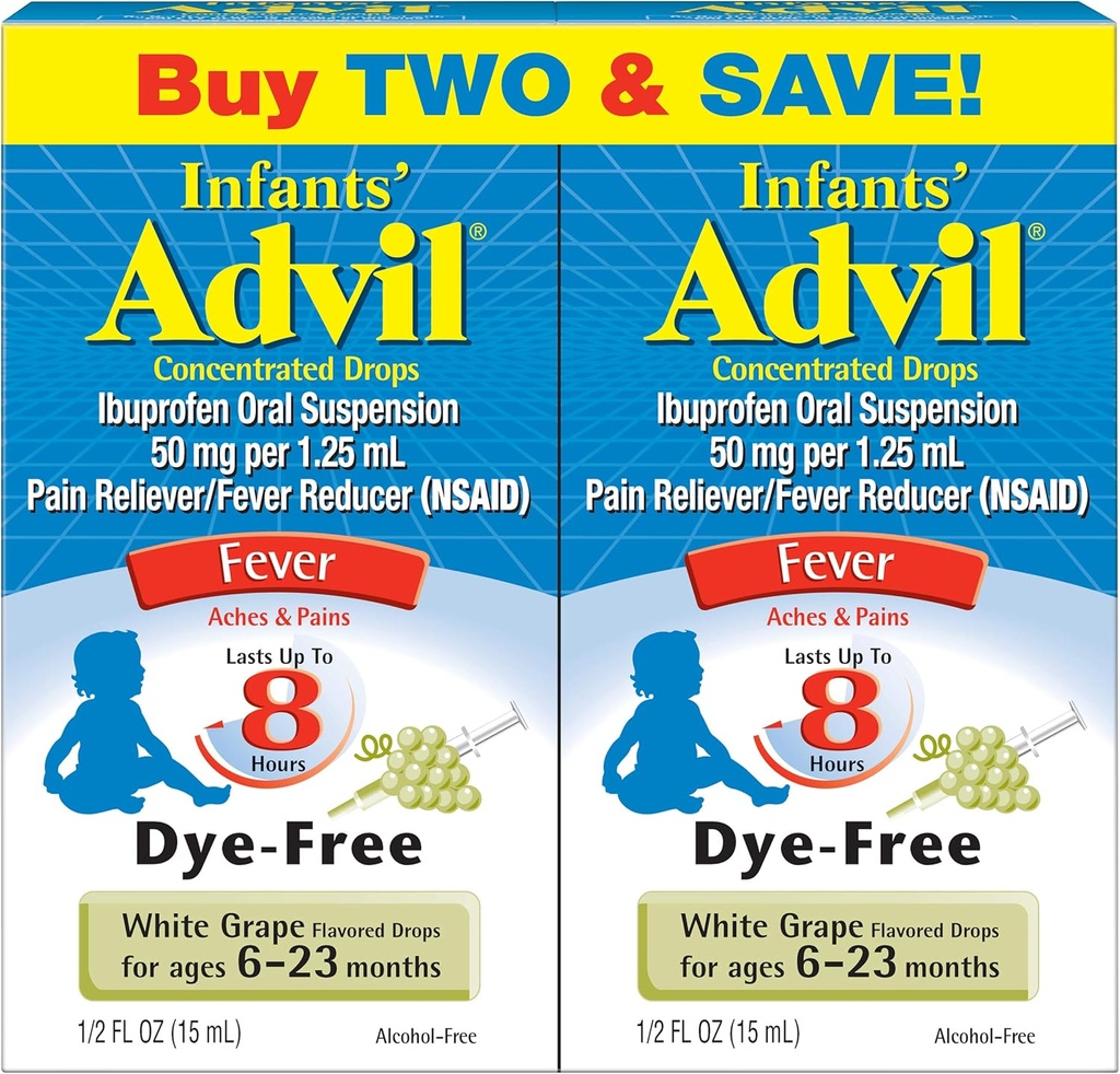 Advil Infants 'Fever Reducer / Pain Reliever Dye- Free, 50mg Ibuprofen concentracted Drops (White Grape Flavor, 0.5 fs. oz. Botol, Kemas 2)