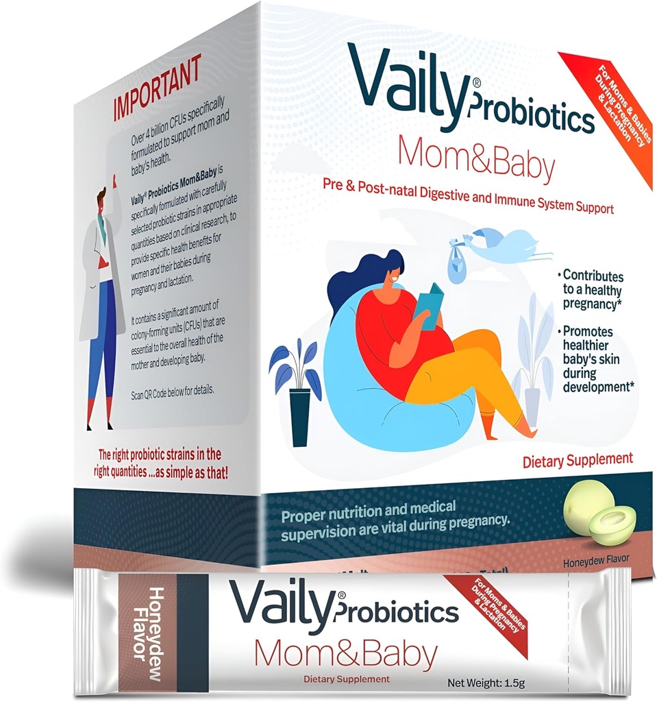 Vaily Mom & Baby Probiotic - Post & Prenatal Vitamin Progetic Powder for Women - Strengthens Immune System & Digetile Health, Healthy Baby Skin - Esensial Prenatal, Easy Diatles - 30 Sticks