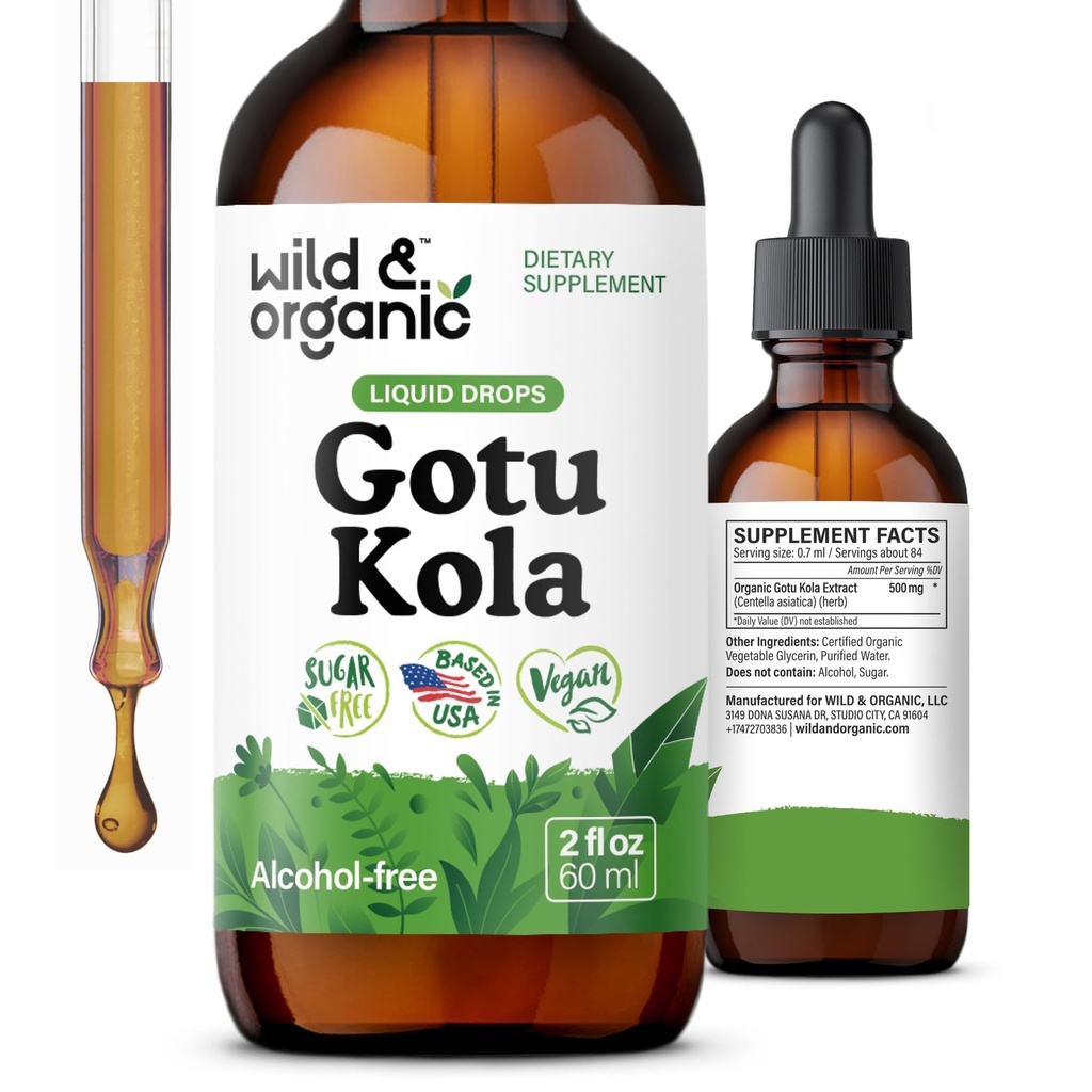 Wild & Organic Gotu Kola Herb Tsucture - Dukungan Otak - Gotu Kola Liquid Drops - Vegan, Sugar & Alcohol- Free Centella Asiatica Suplemen - 2 fl oz