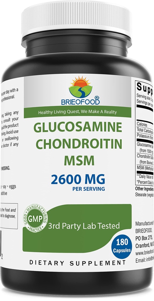 Brieofood Triple Power Glucosamin Chondroitin MS2600mg / Serving Capsules, Supports Healthy Gabungan, Kartilage dan Connective Netsures - Proote Joint Comfort & Flexibility 180 Count