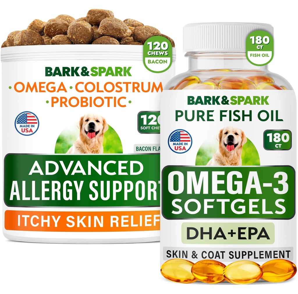 Advanced Dog Allergy + Omega 3 Bundle - Itch Relief - Progitiw / Fish Oil Omega 3 + EPA & DHA Fatty Acid - Skin Allergies + Joint Health - 120 Chews + 180 Softgels - Bacon + Fish Flavor - Dibuat di USA