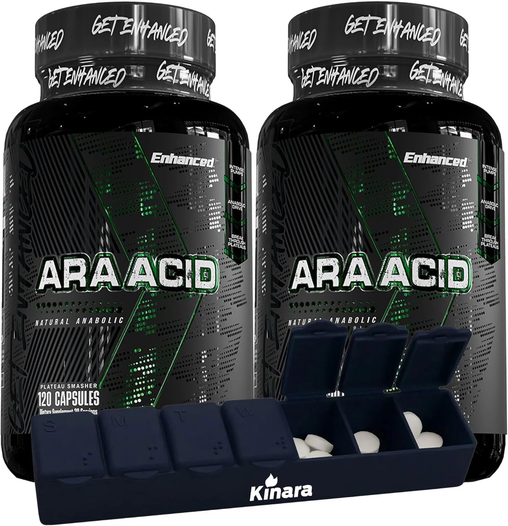 Enhanced Athlete - Arachidonic Acid Suplement - Muscle and Strength Suplement for Increated Muscle Mass & Improved for Men & Women (120 Capsules) - 2 Pack with Kinara Pill Organizer