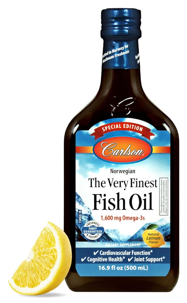 Carlson - The Very Finest Fish Oil, Special Edition, 1600 mg Omega- 3s, Liquid Suplemen, Norwegia Fish Oil, Wild- Caught, Sumpable Sourded Liquid, Lemon, 500 mL (16.9 Fl Oz)