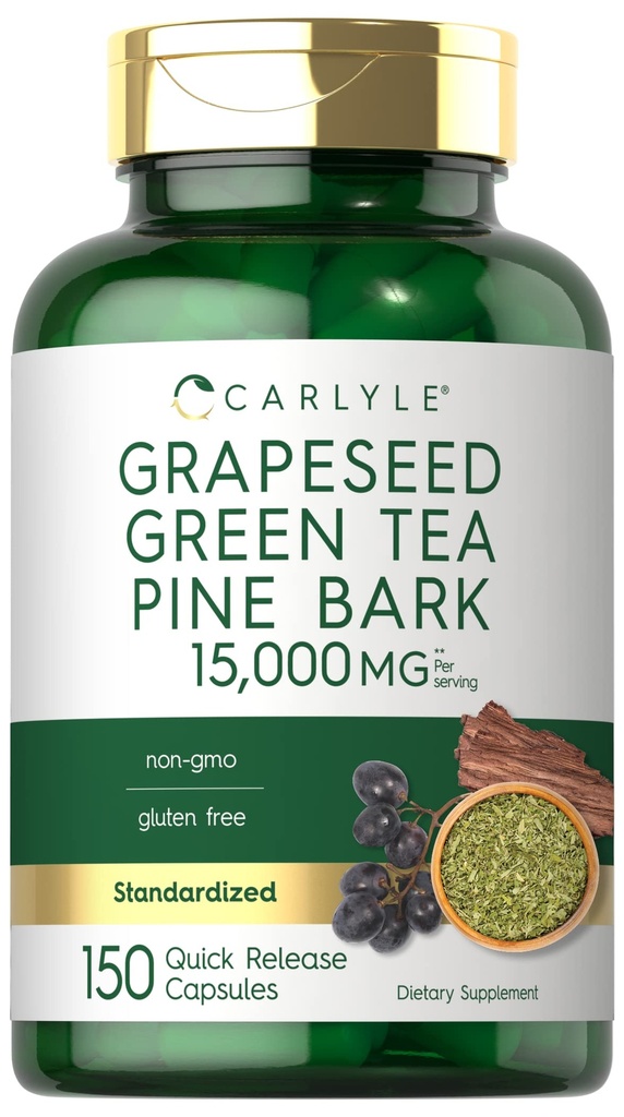 Carlyle Grapeseed, Green Tea, Pine Bark 124; 15.000.000 mg 124; 150 Capsules 14; Non-GMO dan Gluten Free Suplemen