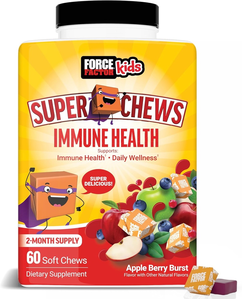 Anak-anak Force FacTOR Anti Kesehatan Super Chews, Anak-anak Pendukung Tanpa Batas Dukungan dengan Vitamin D untuk Anak-anak, Elderberry, Vitamin C, & Zinc, Persediaan 2 Bulan, Non- GMO, Apple Berry Flavor, 60 Soft Chews