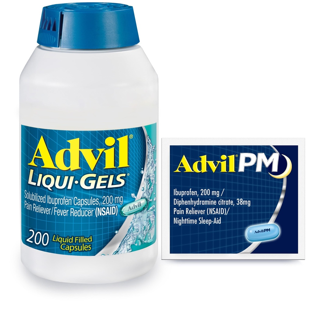 Advil Liqui- Gels Pain Reliever and Fever Reducer, Pain Medicine for Adults with Ibuprofen 200mg for Headache, Bacache, Menstrual Pain and Joint Pain Relief - 200 Capsules, Advil PM ibuprofen - 2 Ct