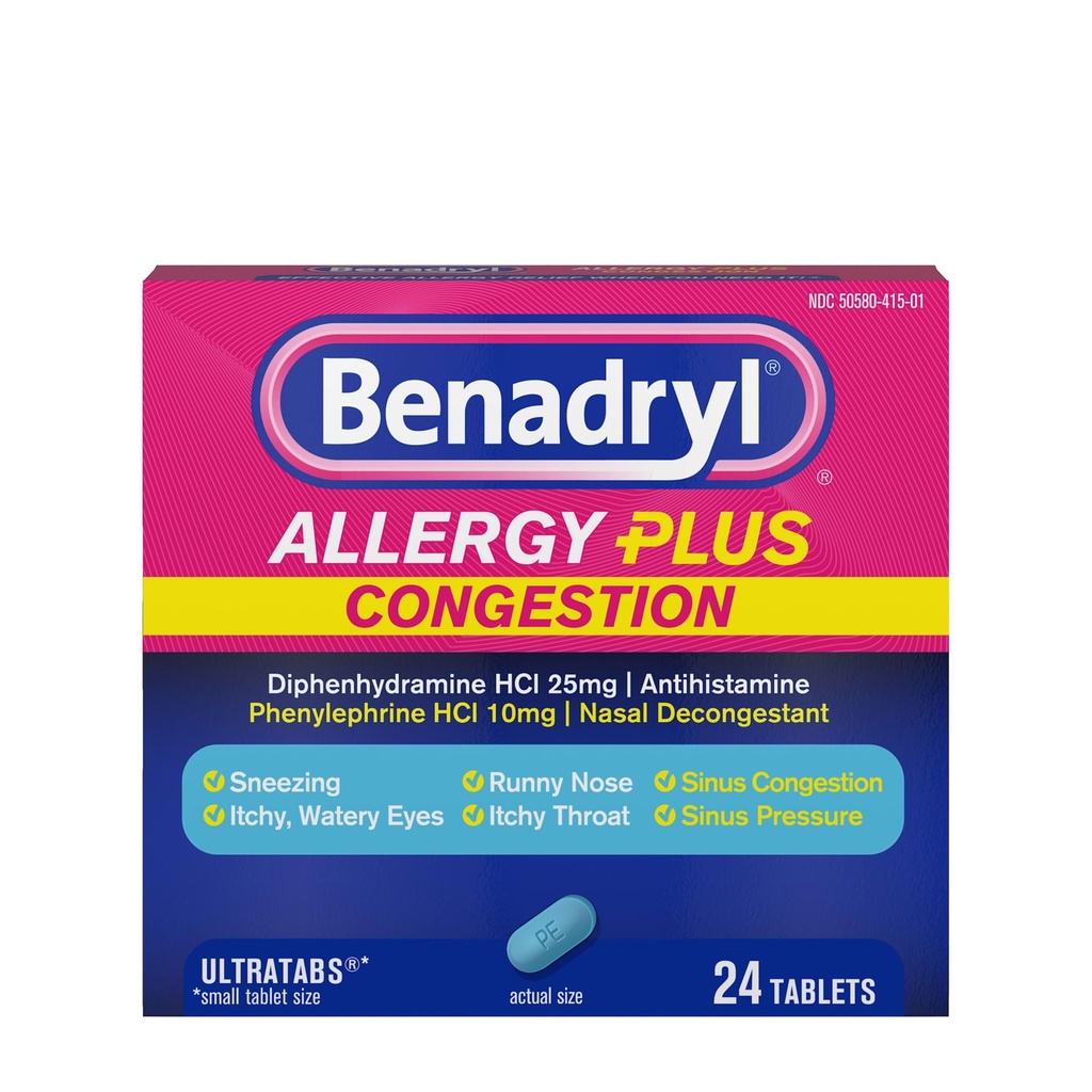 Benadryl Allergy Plus Contrable Ultratabs, Medicine with Diphenhydramine HCI Antihistamin & Phenylephrine HCI Nasal Decongestant, Allergy & Sinus Contraffic Relief Tablets, 24 ct