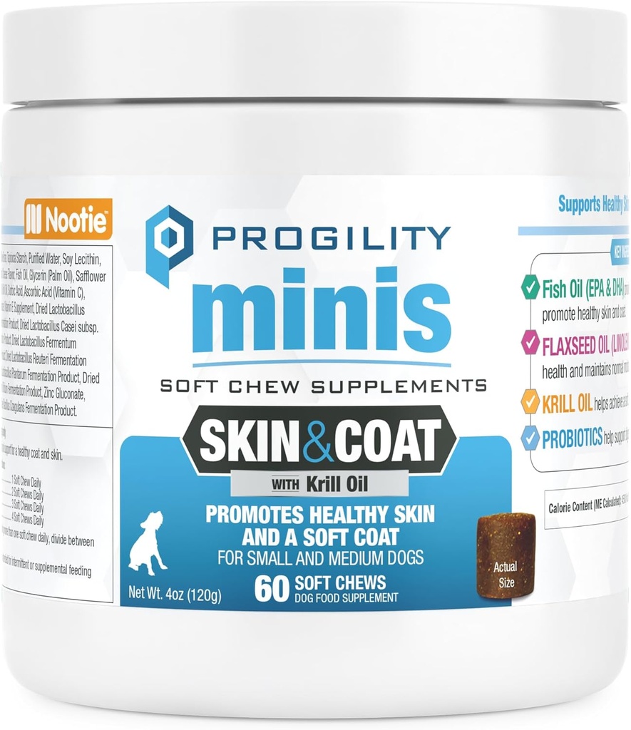 Nootie Progility Mini Skin & Coat Suplement for Small Dogs, Fish Oil Supports Heally Skin, 60 Soft Chews per Container