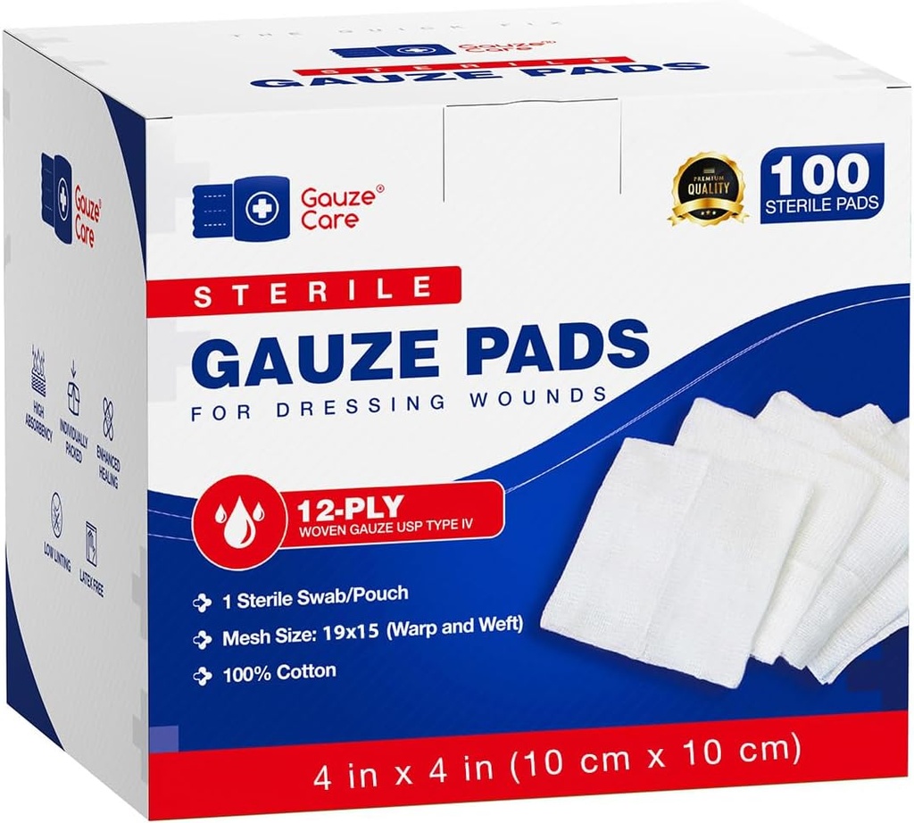 100pc Large Sterile Gauze Pads 4x4 Sterile for Wounds Bulk - 12ply Woven Gauze Spongges 4x4 Sterile - USP IV Breathanable Mesa 4x4 Gauze Sterile for Enhanced Absorpsi - Pertolongan Medis