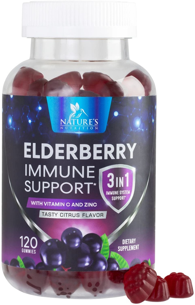 Elderberry Mimes dengan Vitamin C, D3 dan Zinc - Imune Dump Gummy for Kids & Adults, Black Elderberry Extract Gummy Immune Health Suppplemen, Black Elder Vitamin - 120 Gummies
