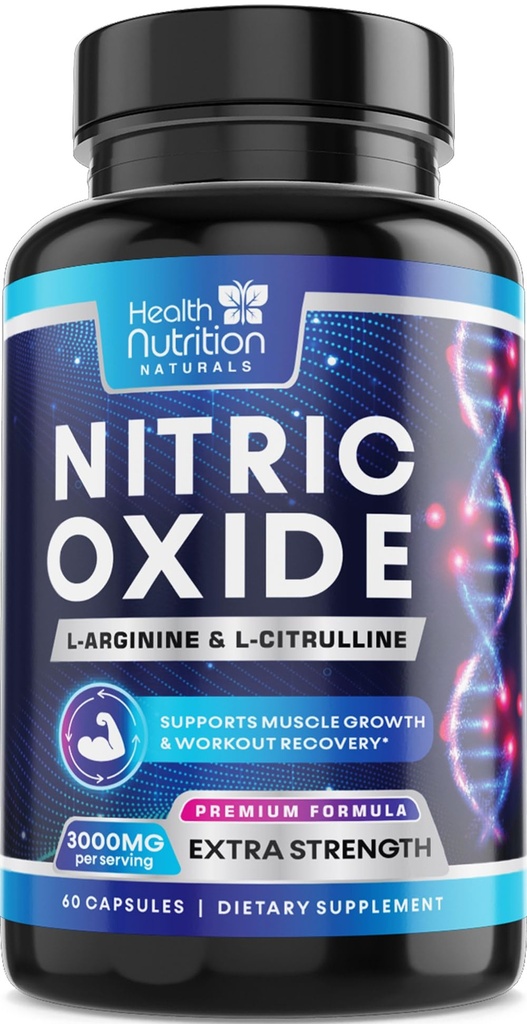 Ekstra Kekuatan Nitric Oxide Booster 3000mg - 3X L-Araginine AKG & HCI + L-Citrulline Malate - Best Muscle Supplemen Nitric - Natural Energy, Heart Health Support Botol AS - 60 Capsules