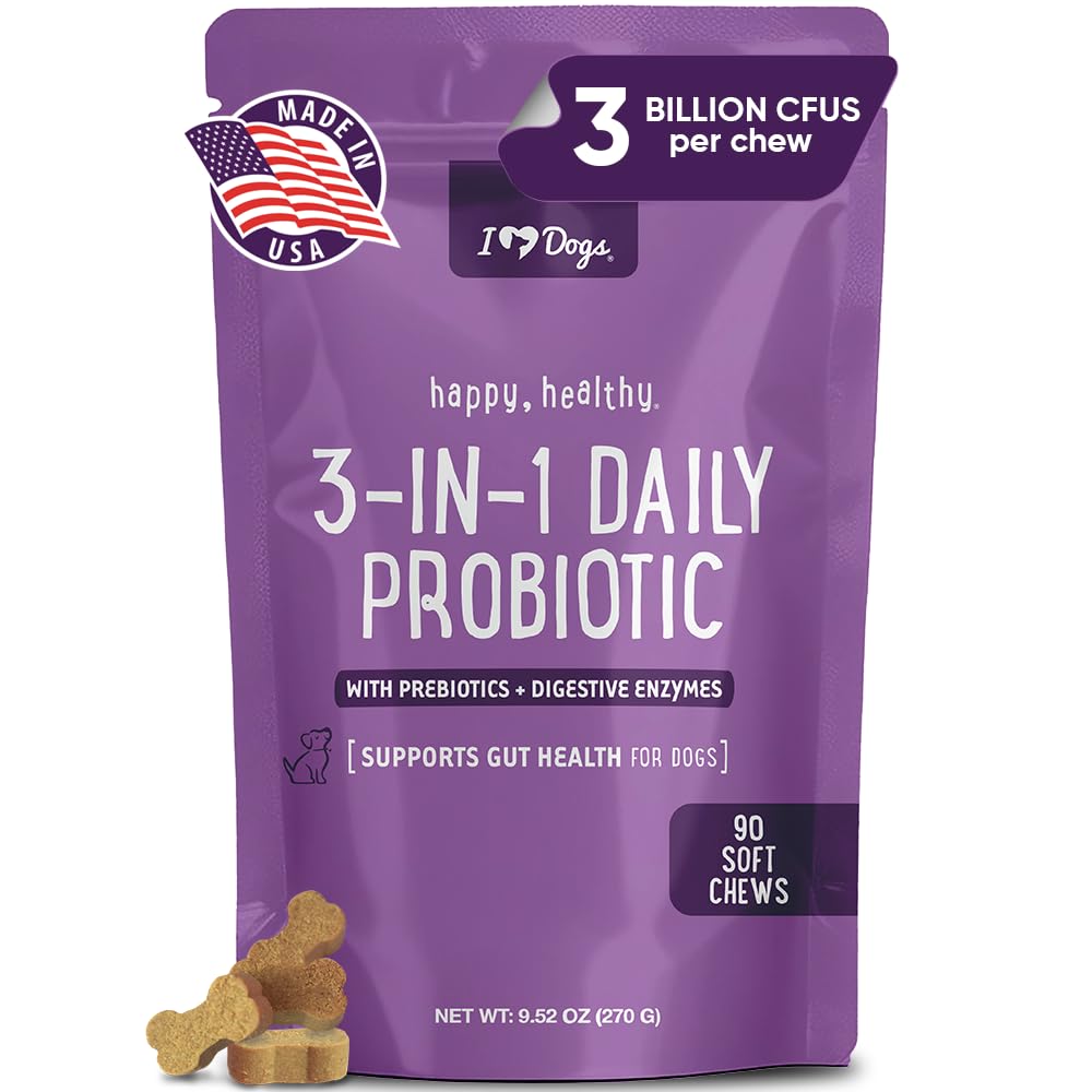 iHeartDogs 3-in-1 Probiotic for Dogs with Labu for Improved Ditraffic & Gut Health - Dog Progories and Digetical Enzymes, 90 Count