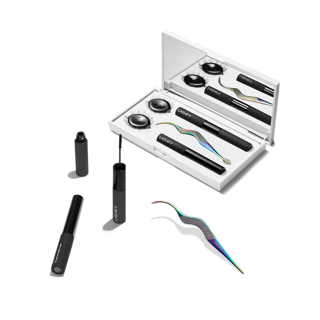 Lashify Control Kit - Complete DiY Eye Lash Starter Set - Amplify Gossamer Black 10mm, 12mm, Kasus Perjalanan Putih, Petite Wand