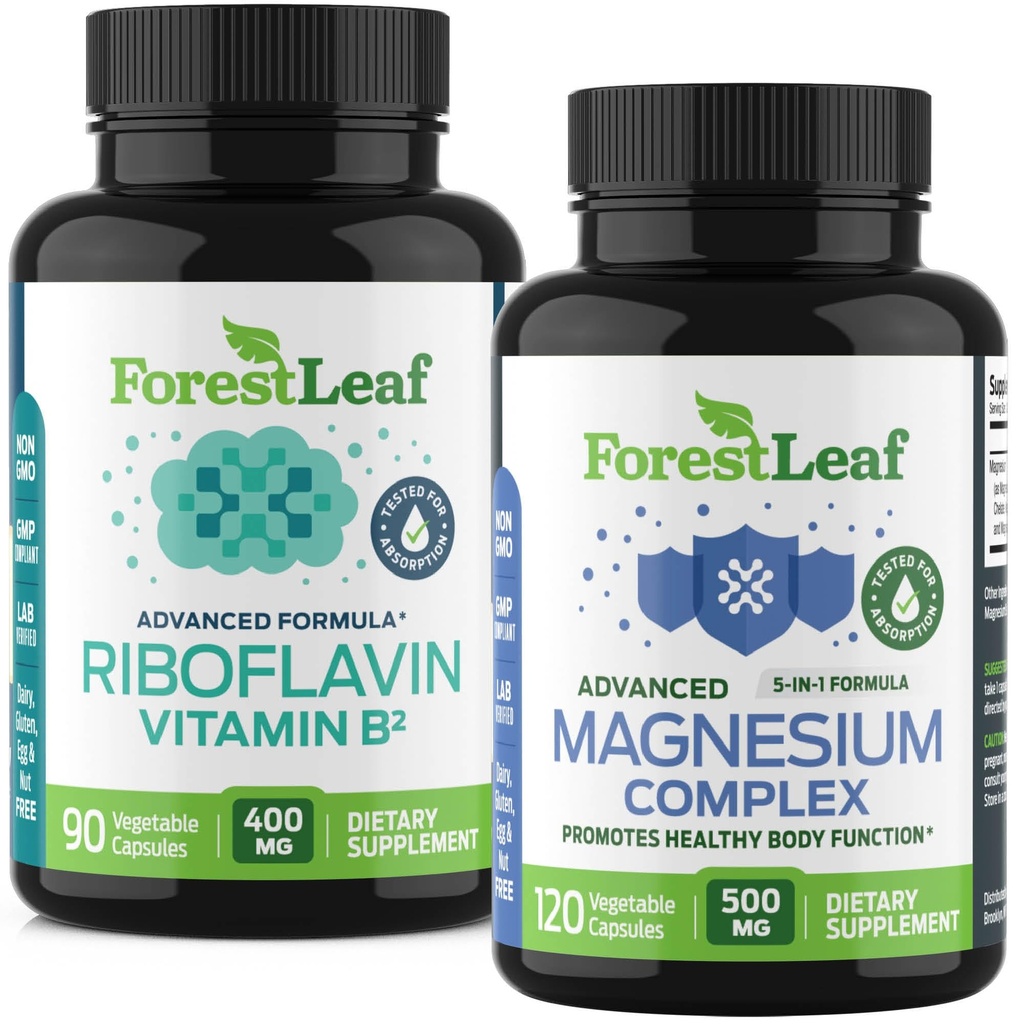ForestLeaf Riboflavin & Magnesium Migraine Suplement - Riboflavin 400mg for Headache Relief - Ultimate Magnesium Bundle dengan B2 Vitamin 400mg untuk Headache Migraine Relief Capsules