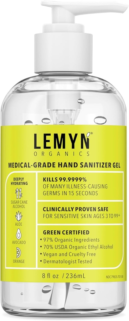 Medical Hand Sanitizer Gel - 97% Organic 124; 70% USP Ethyl Alkohol 124; Moisturizing Aloe + Hyaluronic Acid 124; Fredly Made in USA 124; 8oz Bottle with Pompa