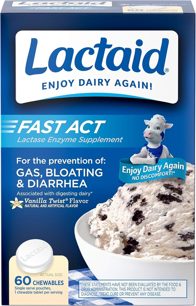 Lactaid Fast Act Laktosa Intoleransi Chewables dengan Lactase Enzymes, Vanilla, 60 Count