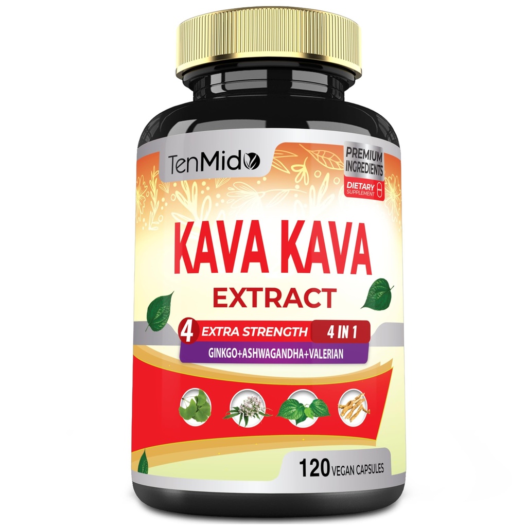 Kava Kava Tambahan Capsules, 4 Bulan Supply dengan Ginkgo, Ashwagandha, Valerian- Dukungan Relaxation - 120 Vegan Capsules