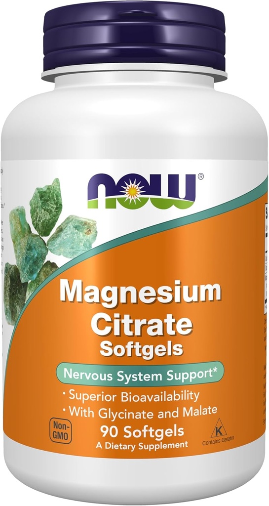 Sekarang Suplemen Makanan, Magnesium Citrat, dengan Glycinate & Malate, Dukungan Sistem Gugup *, 90 Softgels
