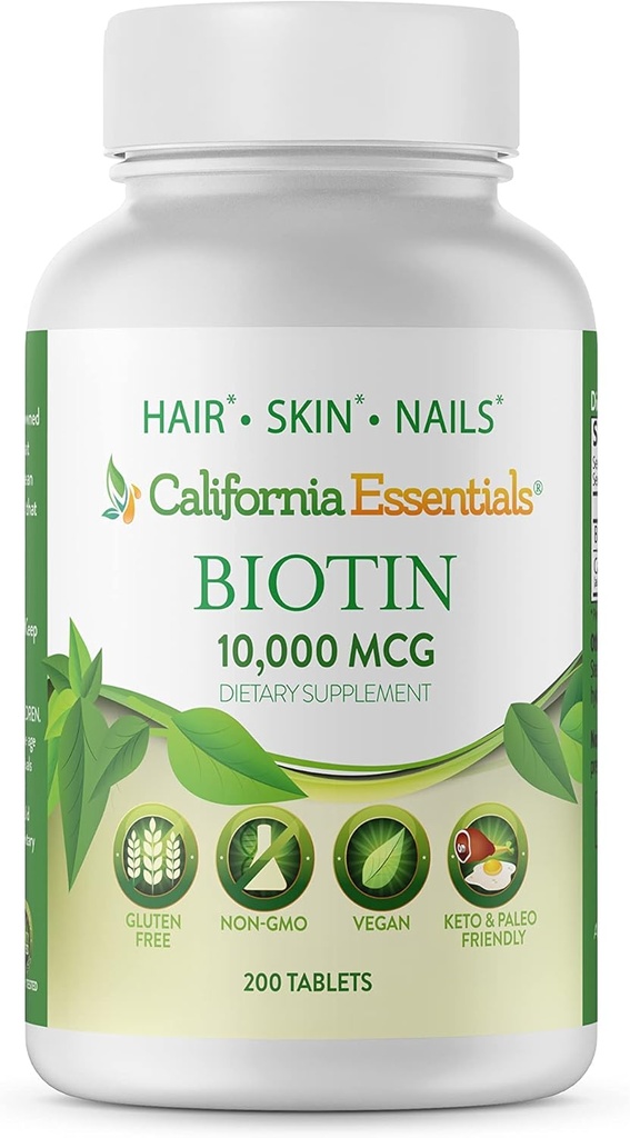 California Essentials Biotin 1000mcg 124; Vitamin B7 Promotes Sehat Skin, Rambut & Nail Growth 124; Pendukung Diet Tinggi & Women 124; Non-GMO, Gluten & Dairy Free (200 Tablet)