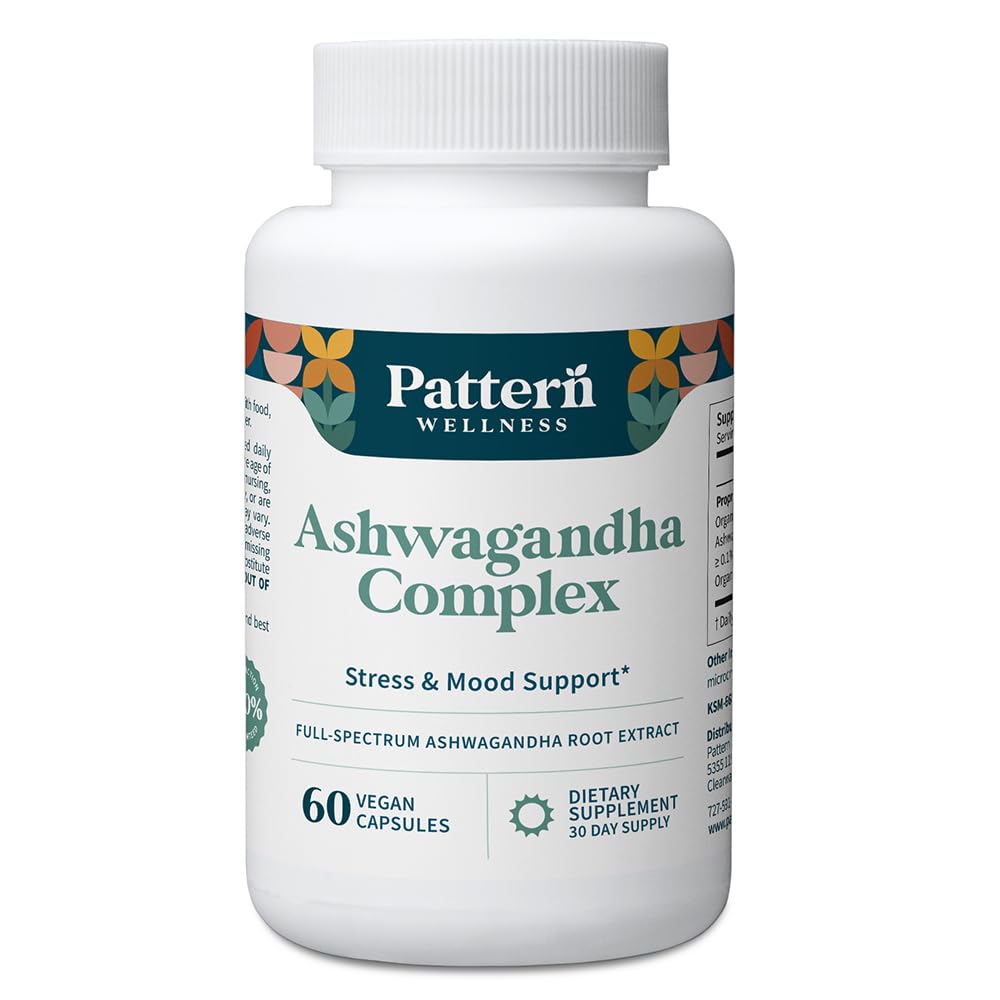 Pattern Wellness Ashwagandha Complex for Men & Women - KSM-66 & Black Pepper Extract - Whole Body & Heart Health - Support Stress & Mood - Non-GMO - 60 Vegan Capsules