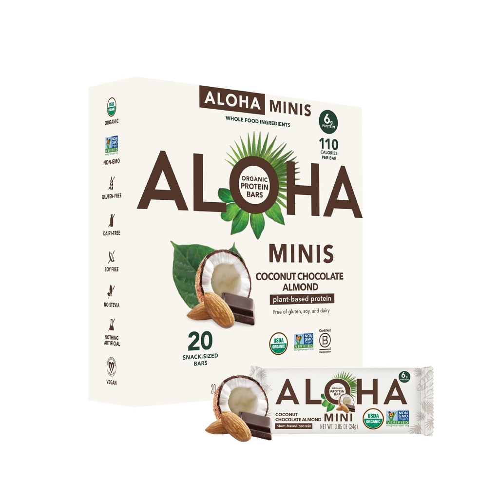 Pabrik Organik ALOHA berbasis Protein Bar Minis 124; Coconut Chocolate Almond 124; 20 Count, 24g Bars 124; Vegan, Low Sugar, Gluten Free, Paleo, Low Carb, Non-GMO, Espia Free, Soy Free, No Sugar Alcohols