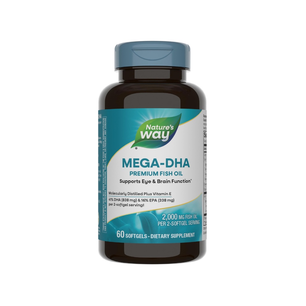 Nature 's Way Mega- DHA Premium Fish Oil, Mendukung Fungsi Mata dan Otak *, Omega-3, 2.000 Mg Minyak Ikan per 2 - Softgel Serving, 60 Softgel (Packaging May Vary)